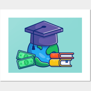 Scholarship, World, Graduation Cap, Money And Book Cartoon Posters and Art